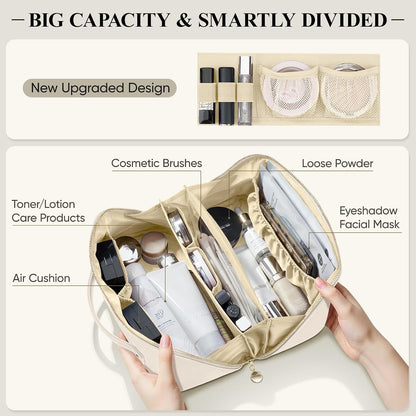 Travel Makeup Bag, Large Capacity Cosmetic Bags for Women, Waterproof Portable Pouch Open Flat Make up Organizer Bag with Dividers and Handle, Toiletry Bag for Essentials