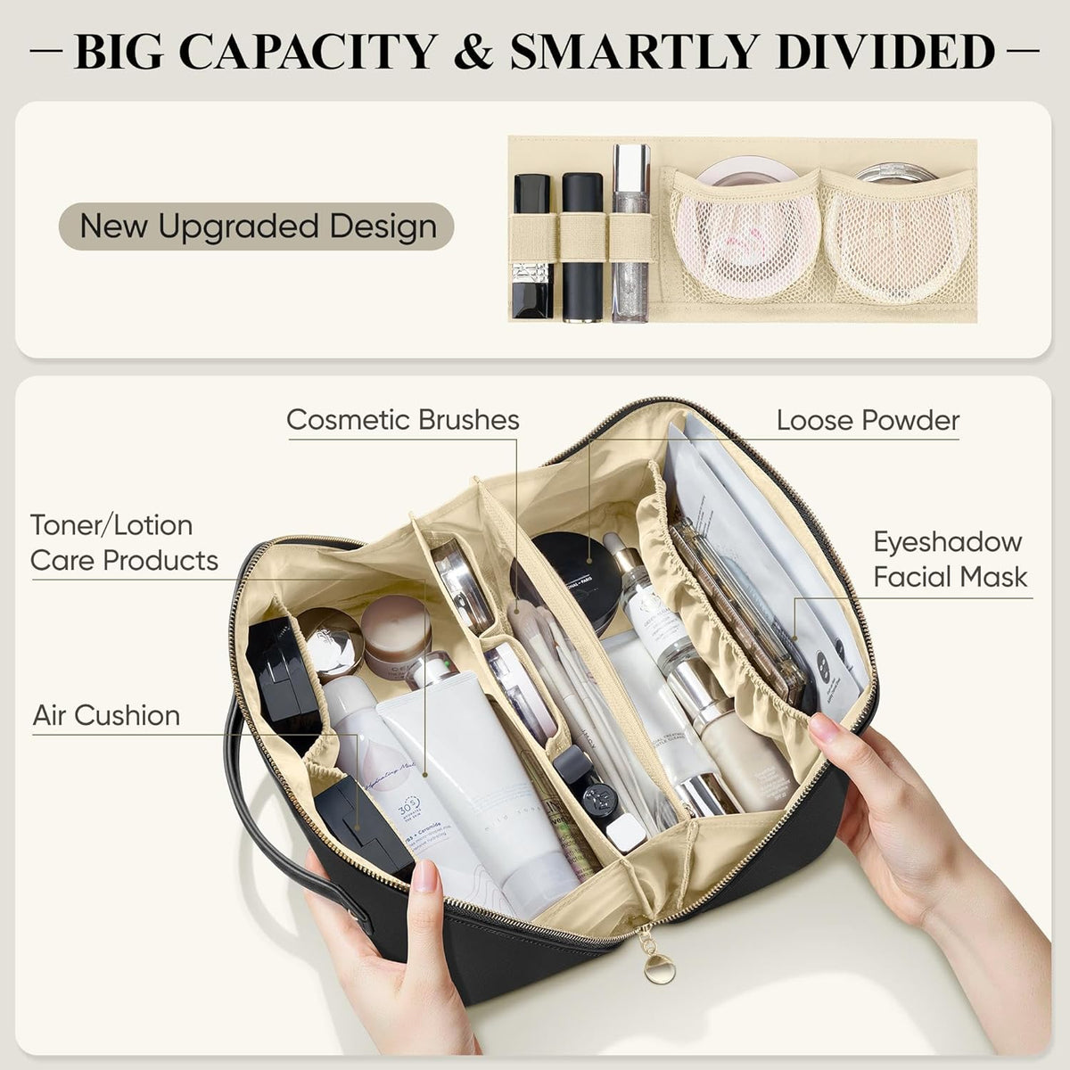 Travel Makeup Bag, Large Capacity Cosmetic Bags for Women, Waterproof Portable Pouch Open Flat Make up Organizer Bag with Dividers and Handle, Toiletry Bag for Essentials