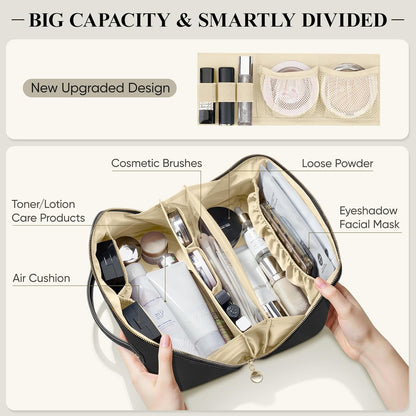 Travel Makeup Bag, Large Capacity Cosmetic Bags for Women, Waterproof Portable Pouch Open Flat Make up Organizer Bag with Dividers and Handle, Toiletry Bag for Essentials