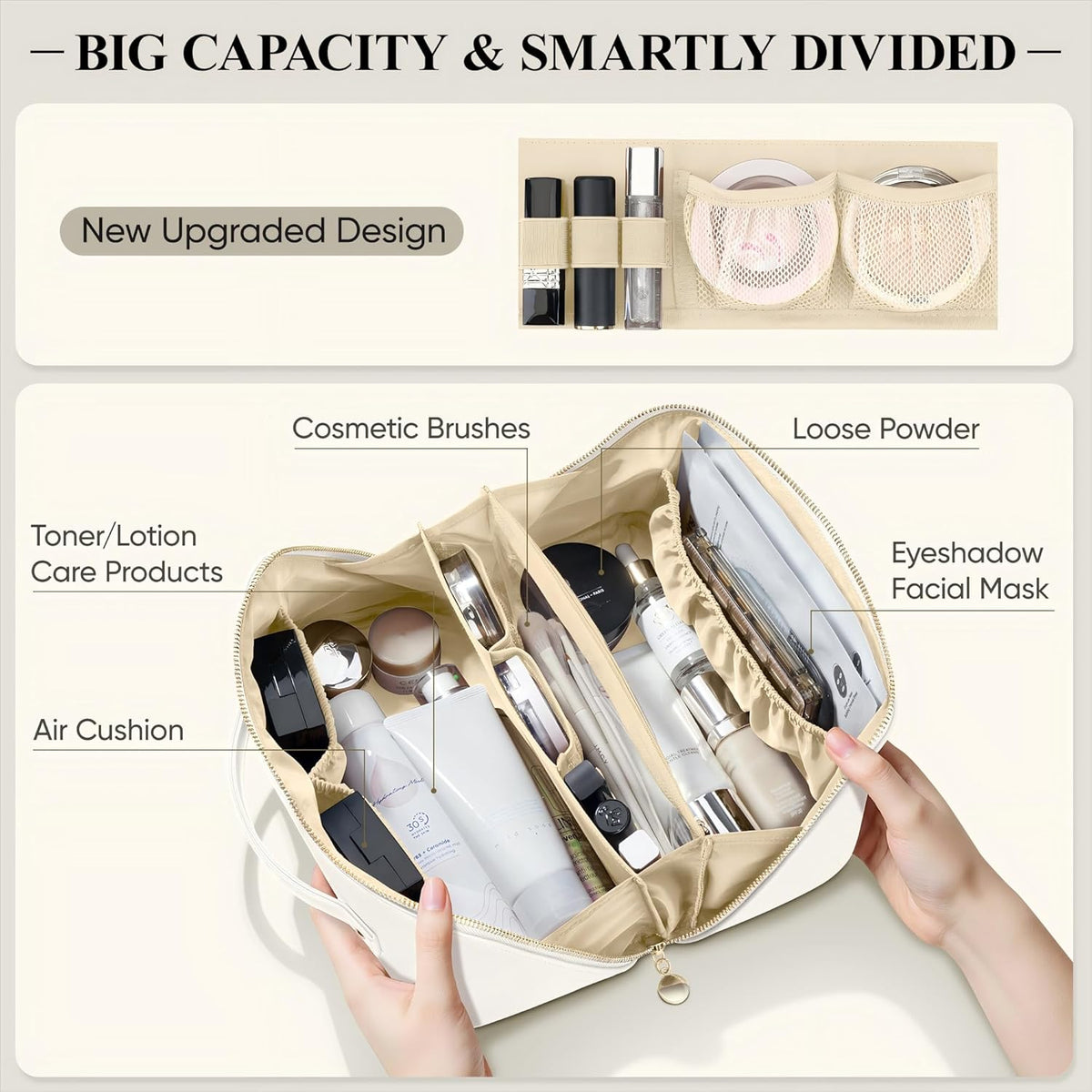 Travel Makeup Bag, Large Capacity Cosmetic Bags for Women, Waterproof Portable Pouch Open Flat Make up Organizer Bag with Dividers and Handle, Toiletry Bag for Essentials