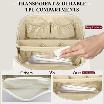 Travel Makeup Bag, Large Capacity Cosmetic Bags for Women, Waterproof Portable Pouch Open Flat Make up Organizer Bag with Dividers and Handle, Toiletry Bag for Essentials