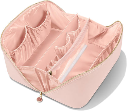 Travel Makeup Bag, Large Capacity Cosmetic Bags for Women, Waterproof Portable Pouch Open Flat Make up Organizer Bag with Dividers and Handle, Toiletry Bag for Essentials
