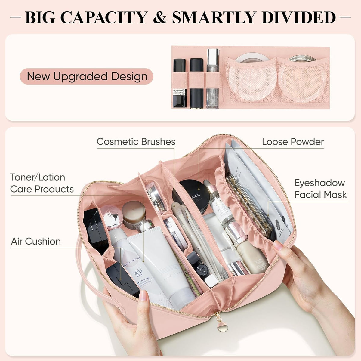 Travel Makeup Bag, Large Capacity Cosmetic Bags for Women, Waterproof Portable Pouch Open Flat Make up Organizer Bag with Dividers and Handle, Toiletry Bag for Essentials