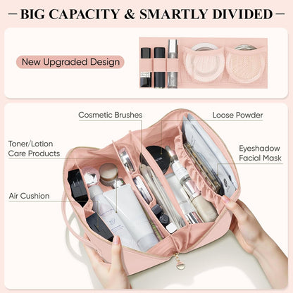 Travel Makeup Bag, Large Capacity Cosmetic Bags for Women, Waterproof Portable Pouch Open Flat Make up Organizer Bag with Dividers and Handle, Toiletry Bag for Essentials