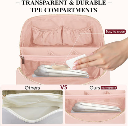 Travel Makeup Bag, Large Capacity Cosmetic Bags for Women, Waterproof Portable Pouch Open Flat Make up Organizer Bag with Dividers and Handle, Toiletry Bag for Essentials