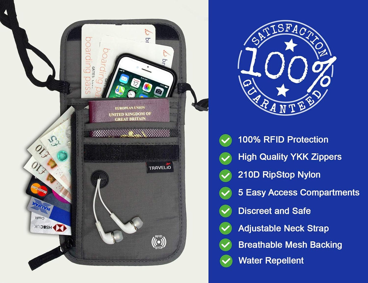 Passport Holder Men & Women RFID Blocking Hidden Travel Neck Wallet Stash Pouch