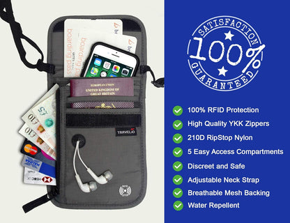 Passport Holder Men & Women RFID Blocking Hidden Travel Neck Wallet Stash Pouch