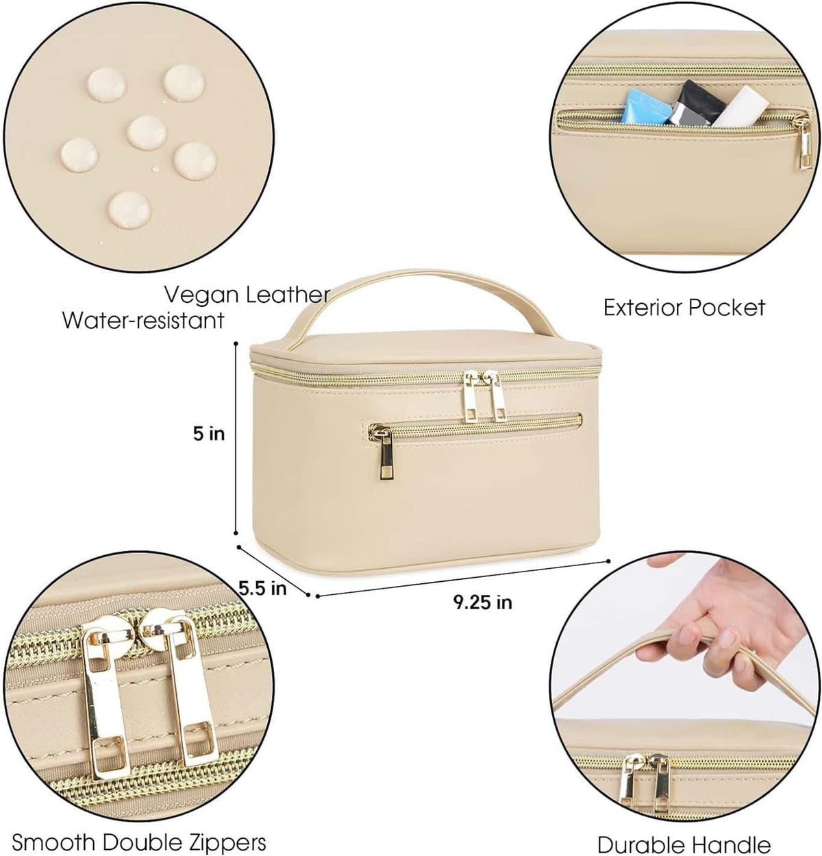 Makeup Bag, Women Travel Make Up Vanity Case with Handle | Portable Make Up Essentials Organizer, Brush Bags for Skincare Cosmetic Lipstick, Eco Vegan Leather, Green