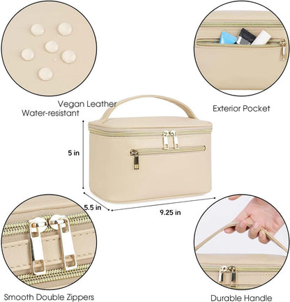 Makeup Bag, Women Travel Make Up Vanity Case with Handle | Portable Make Up Essentials Organizer, Brush Bags for Skincare Cosmetic Lipstick, Eco Vegan Leather, Green