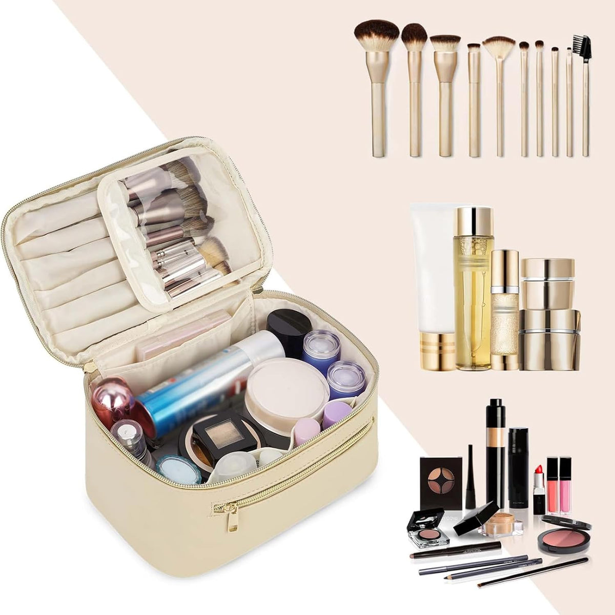 Makeup Bag, Women Travel Make Up Vanity Case with Handle | Portable Make Up Essentials Organizer, Brush Bags for Skincare Cosmetic Lipstick, Eco Vegan Leather, Green