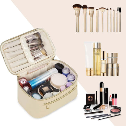 Makeup Bag, Women Travel Make Up Vanity Case with Handle | Portable Make Up Essentials Organizer, Brush Bags for Skincare Cosmetic Lipstick, Eco Vegan Leather, Green