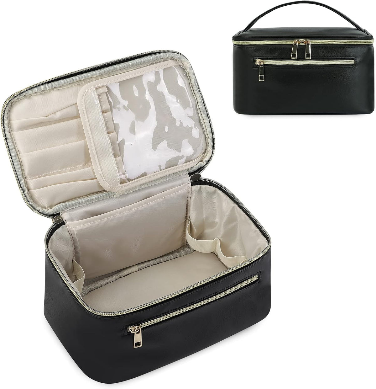 Makeup Bag, Women Travel Make Up Vanity Case with Handle | Portable Make Up Essentials Organizer, Brush Bags for Skincare Cosmetic Lipstick, Eco Vegan Leather, Green