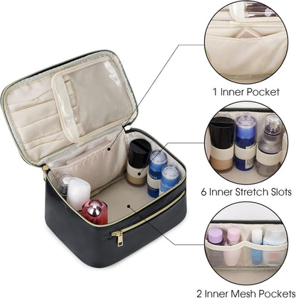 Makeup Bag, Women Travel Make Up Vanity Case with Handle | Portable Make Up Essentials Organizer, Brush Bags for Skincare Cosmetic Lipstick, Eco Vegan Leather, Green
