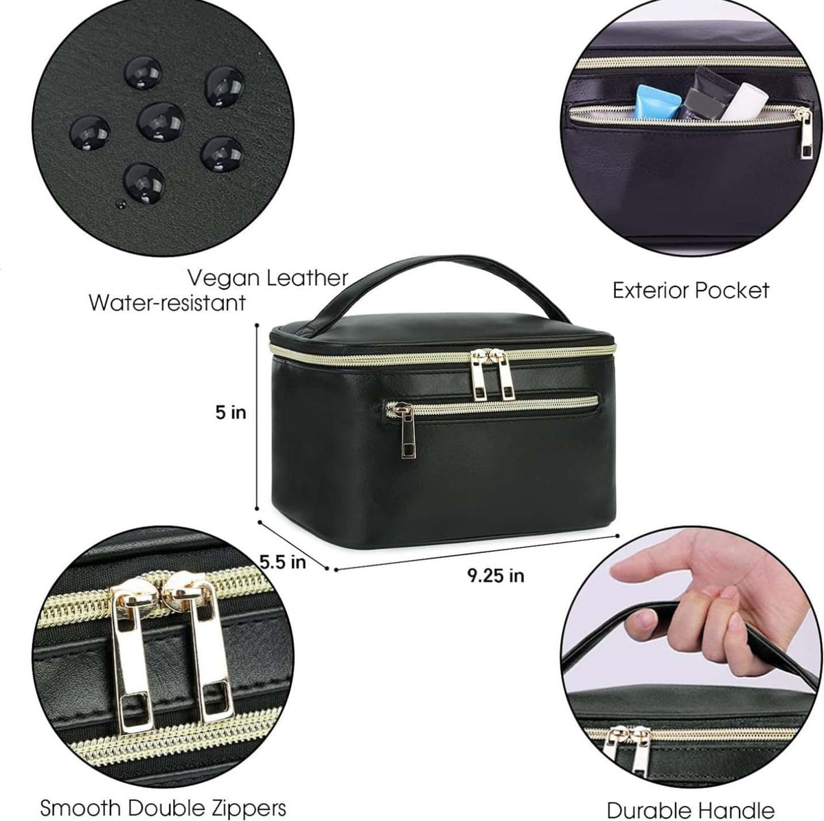 Makeup Bag, Women Travel Make Up Vanity Case with Handle | Portable Make Up Essentials Organizer, Brush Bags for Skincare Cosmetic Lipstick, Eco Vegan Leather, Green
