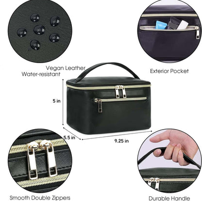 Makeup Bag, Women Travel Make Up Vanity Case with Handle | Portable Make Up Essentials Organizer, Brush Bags for Skincare Cosmetic Lipstick, Eco Vegan Leather, Green