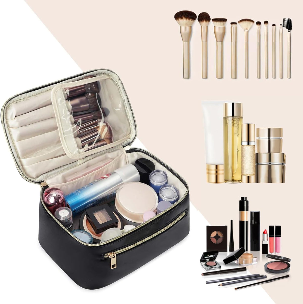 Makeup Bag, Women Travel Make Up Vanity Case with Handle | Portable Make Up Essentials Organizer, Brush Bags for Skincare Cosmetic Lipstick, Eco Vegan Leather, Green
