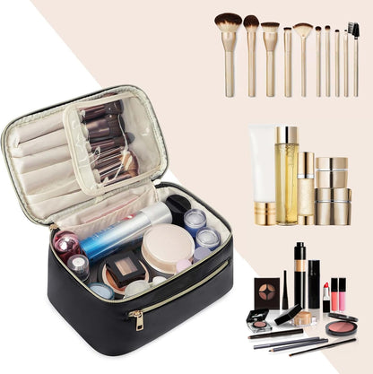Makeup Bag, Women Travel Make Up Vanity Case with Handle | Portable Make Up Essentials Organizer, Brush Bags for Skincare Cosmetic Lipstick, Eco Vegan Leather, Green