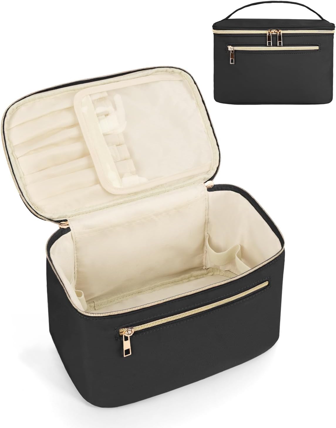 Makeup Bag, Women Travel Make Up Vanity Case with Handle | Portable Make Up Essentials Organizer, Brush Bags for Skincare Cosmetic Lipstick, Eco Vegan Leather, Green