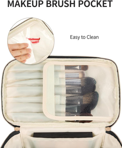 Makeup Bag, Women Travel Make Up Vanity Case with Handle | Portable Make Up Essentials Organizer, Brush Bags for Skincare Cosmetic Lipstick, Eco Vegan Leather, Green