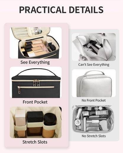 Makeup Bag, Women Travel Make Up Vanity Case with Handle | Portable Make Up Essentials Organizer, Brush Bags for Skincare Cosmetic Lipstick, Eco Vegan Leather, Green