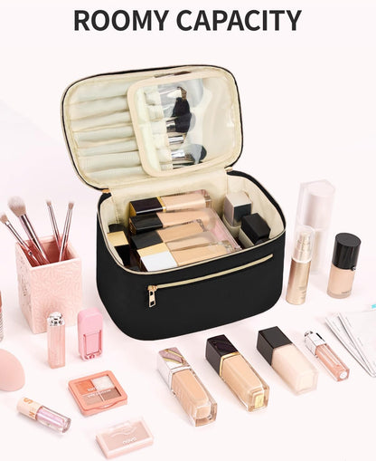 Makeup Bag, Women Travel Make Up Vanity Case with Handle | Portable Make Up Essentials Organizer, Brush Bags for Skincare Cosmetic Lipstick, Eco Vegan Leather, Green