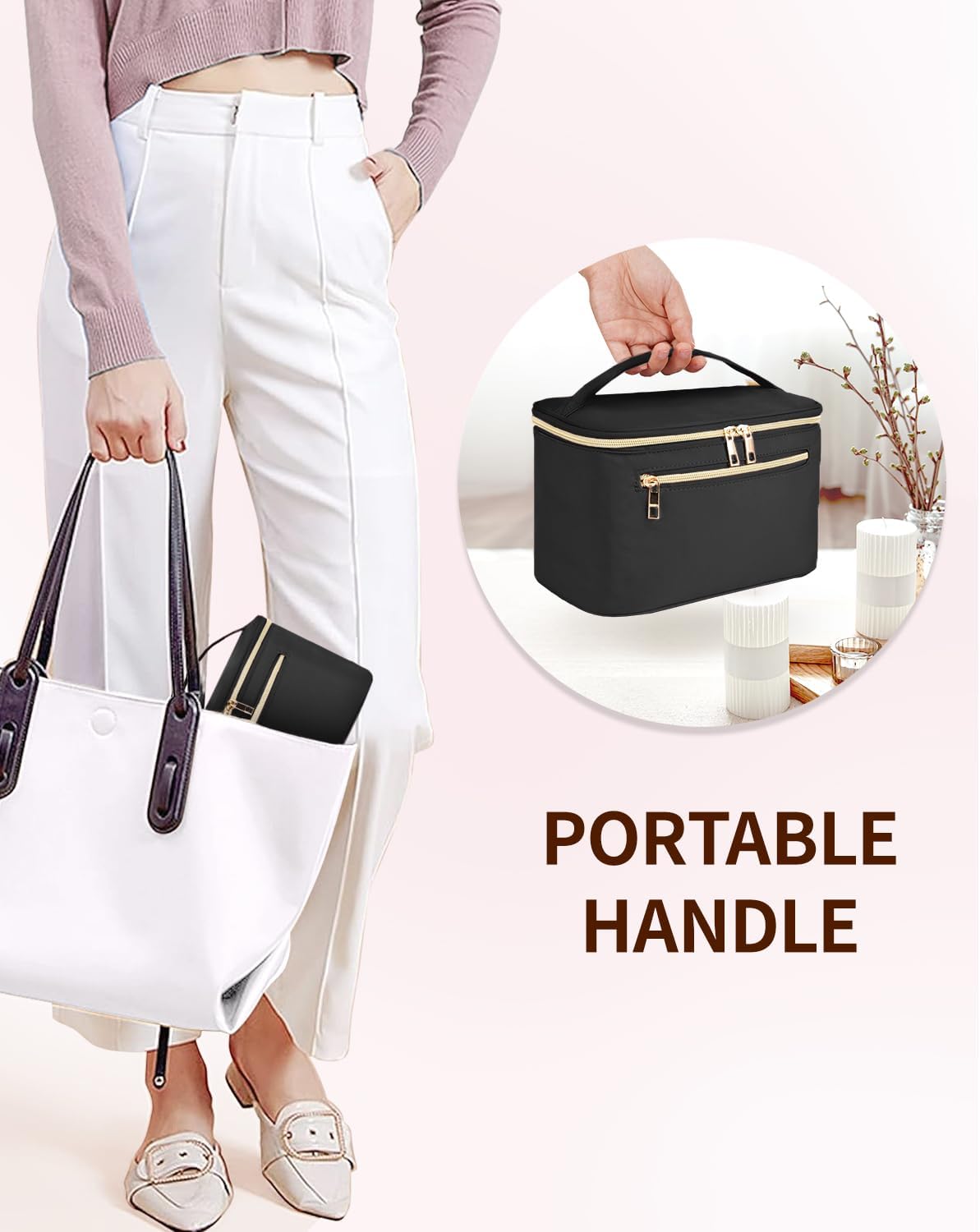 Makeup Bag, Women Travel Make Up Vanity Case with Handle | Portable Make Up Essentials Organizer, Brush Bags for Skincare Cosmetic Lipstick, Eco Vegan Leather, Green