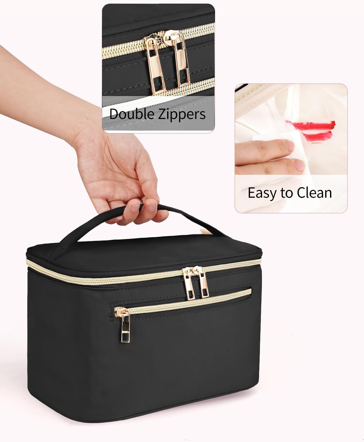 Makeup Bag, Women Travel Make Up Vanity Case with Handle | Portable Make Up Essentials Organizer, Brush Bags for Skincare Cosmetic Lipstick, Eco Vegan Leather, Green