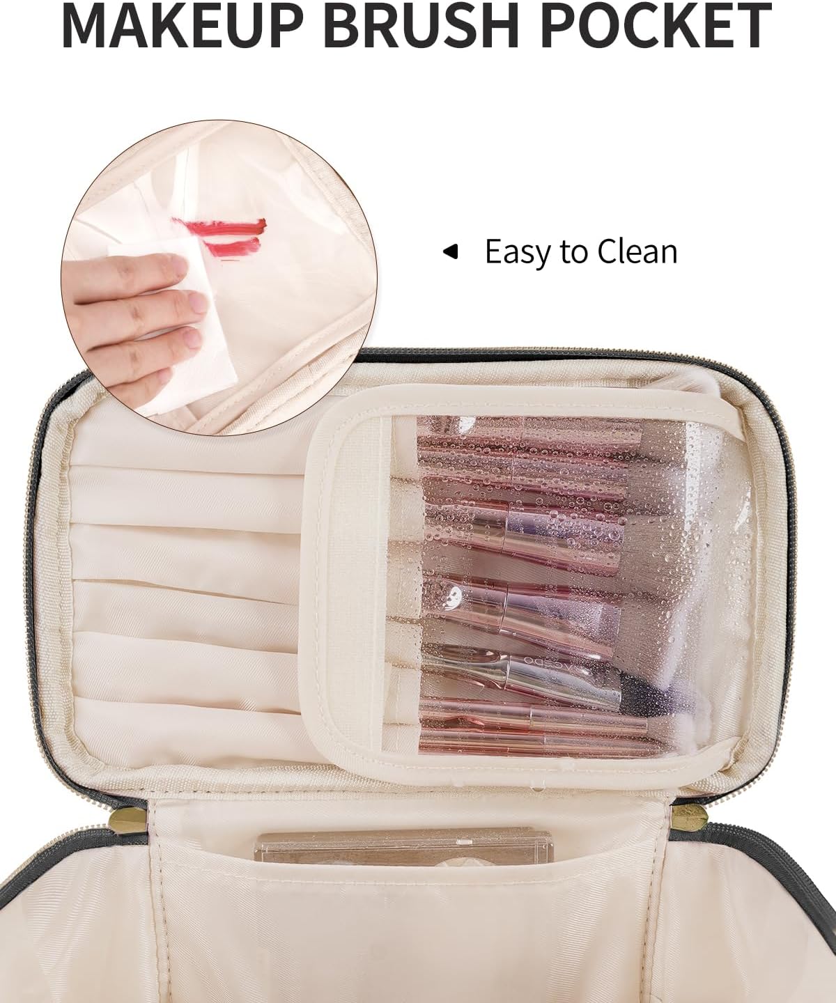 Makeup Bag, Women Travel Make Up Vanity Case with Handle | Portable Make Up Essentials Organizer, Brush Bags for Skincare Cosmetic Lipstick, Eco Vegan Leather, Green