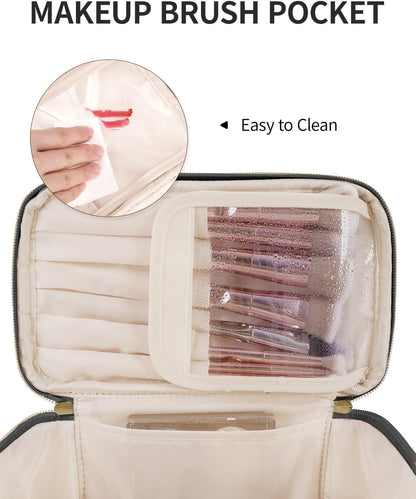 Makeup Bag, Women Travel Make Up Vanity Case with Handle | Portable Make Up Essentials Organizer, Brush Bags for Skincare Cosmetic Lipstick, Eco Vegan Leather, Green