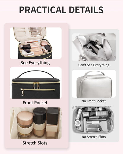Makeup Bag, Women Travel Make Up Vanity Case with Handle | Portable Make Up Essentials Organizer, Brush Bags for Skincare Cosmetic Lipstick, Eco Vegan Leather, Green