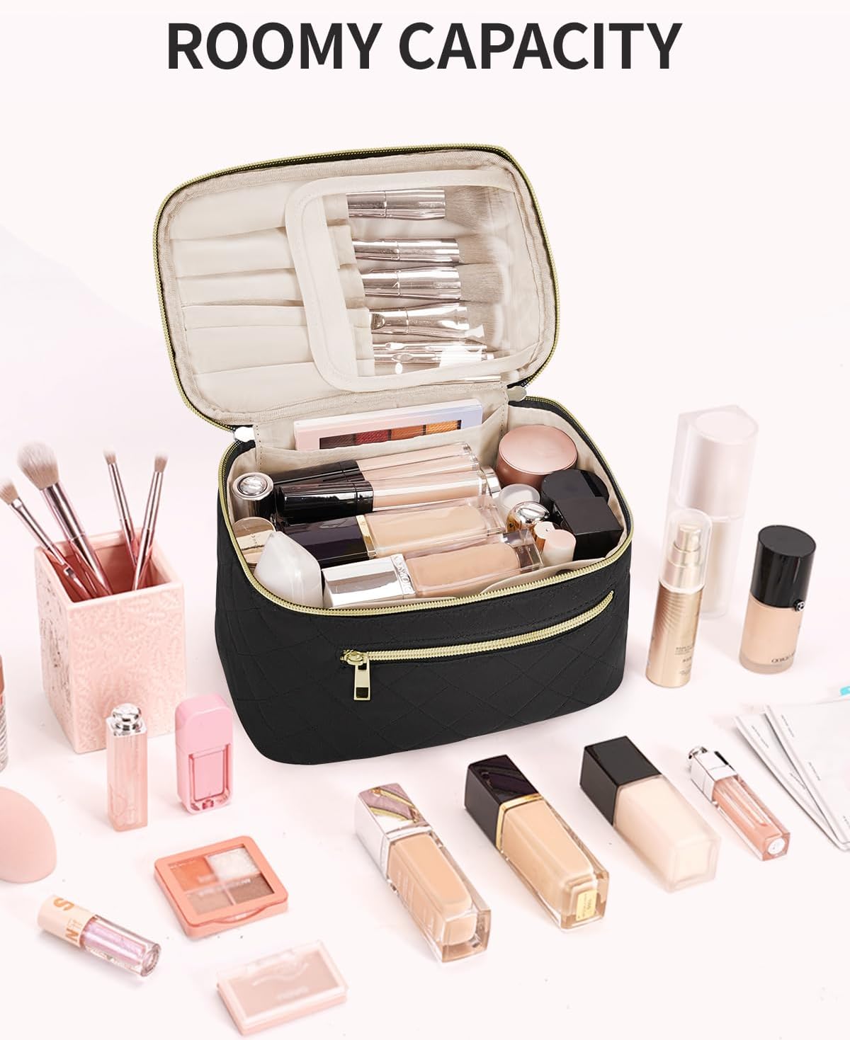 Makeup Bag, Women Travel Make Up Vanity Case with Handle | Portable Make Up Essentials Organizer, Brush Bags for Skincare Cosmetic Lipstick, Eco Vegan Leather, Green