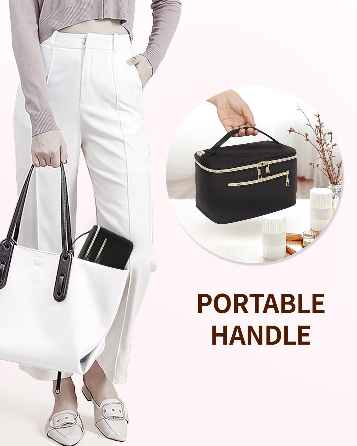 Makeup Bag, Women Travel Make Up Vanity Case with Handle | Portable Make Up Essentials Organizer, Brush Bags for Skincare Cosmetic Lipstick, Eco Vegan Leather, Green