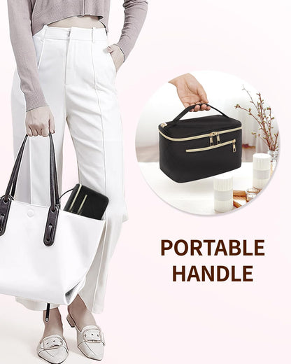 Makeup Bag, Women Travel Make Up Vanity Case with Handle | Portable Make Up Essentials Organizer, Brush Bags for Skincare Cosmetic Lipstick, Eco Vegan Leather, Green