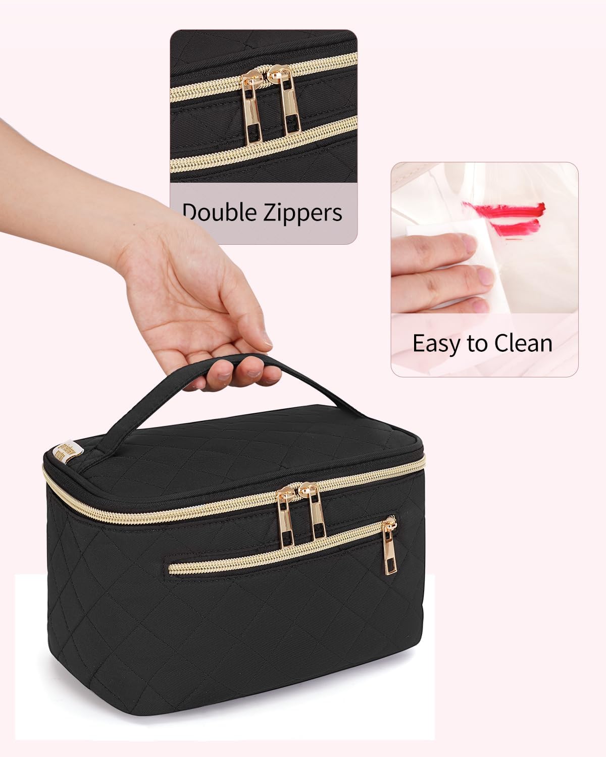 Makeup Bag, Women Travel Make Up Vanity Case with Handle | Portable Make Up Essentials Organizer, Brush Bags for Skincare Cosmetic Lipstick, Eco Vegan Leather, Green