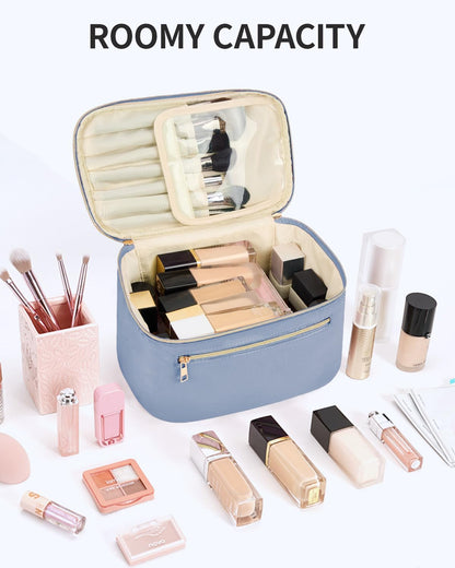 Makeup Bag, Women Travel Make Up Vanity Case with Handle | Portable Make Up Essentials Organizer, Brush Bags for Skincare Cosmetic Lipstick, Eco Vegan Leather, Green