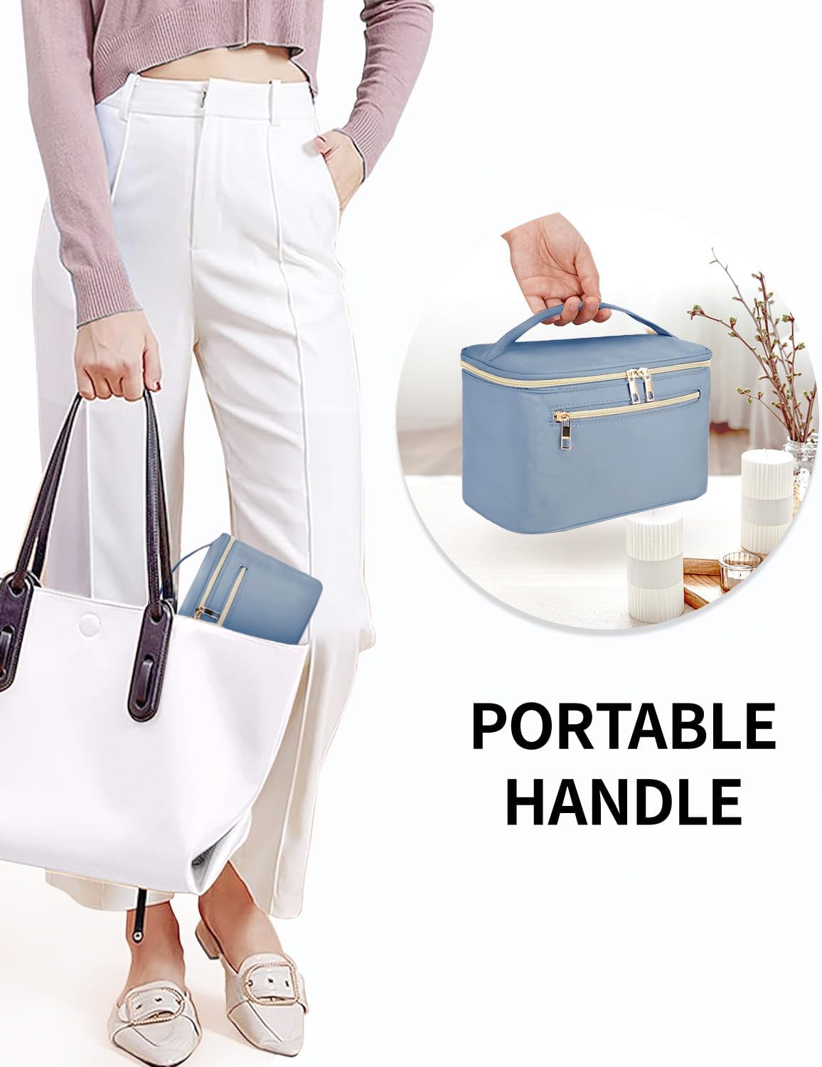 Makeup Bag, Women Travel Make Up Vanity Case with Handle | Portable Make Up Essentials Organizer, Brush Bags for Skincare Cosmetic Lipstick, Eco Vegan Leather, Green