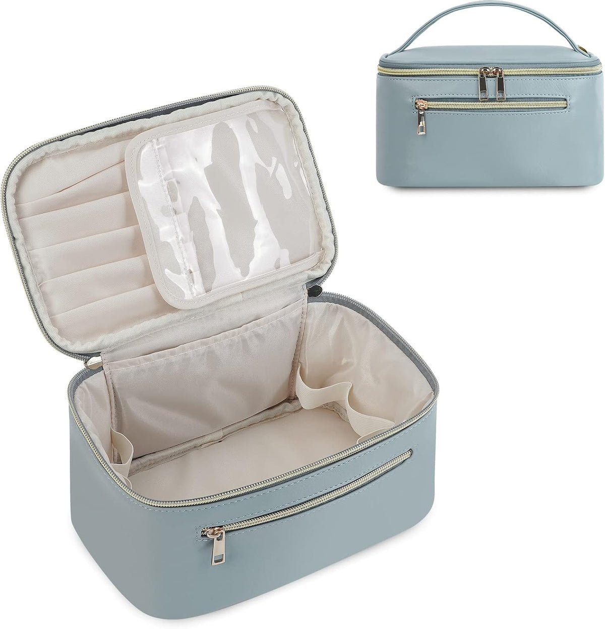 Makeup Bag, Women Travel Make Up Vanity Case with Handle | Portable Make Up Essentials Organizer, Brush Bags for Skincare Cosmetic Lipstick, Eco Vegan Leather, Green