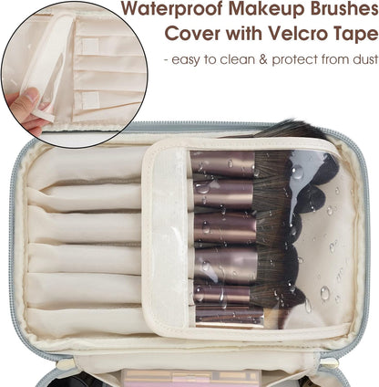 Makeup Bag, Women Travel Make Up Vanity Case with Handle | Portable Make Up Essentials Organizer, Brush Bags for Skincare Cosmetic Lipstick, Eco Vegan Leather, Green