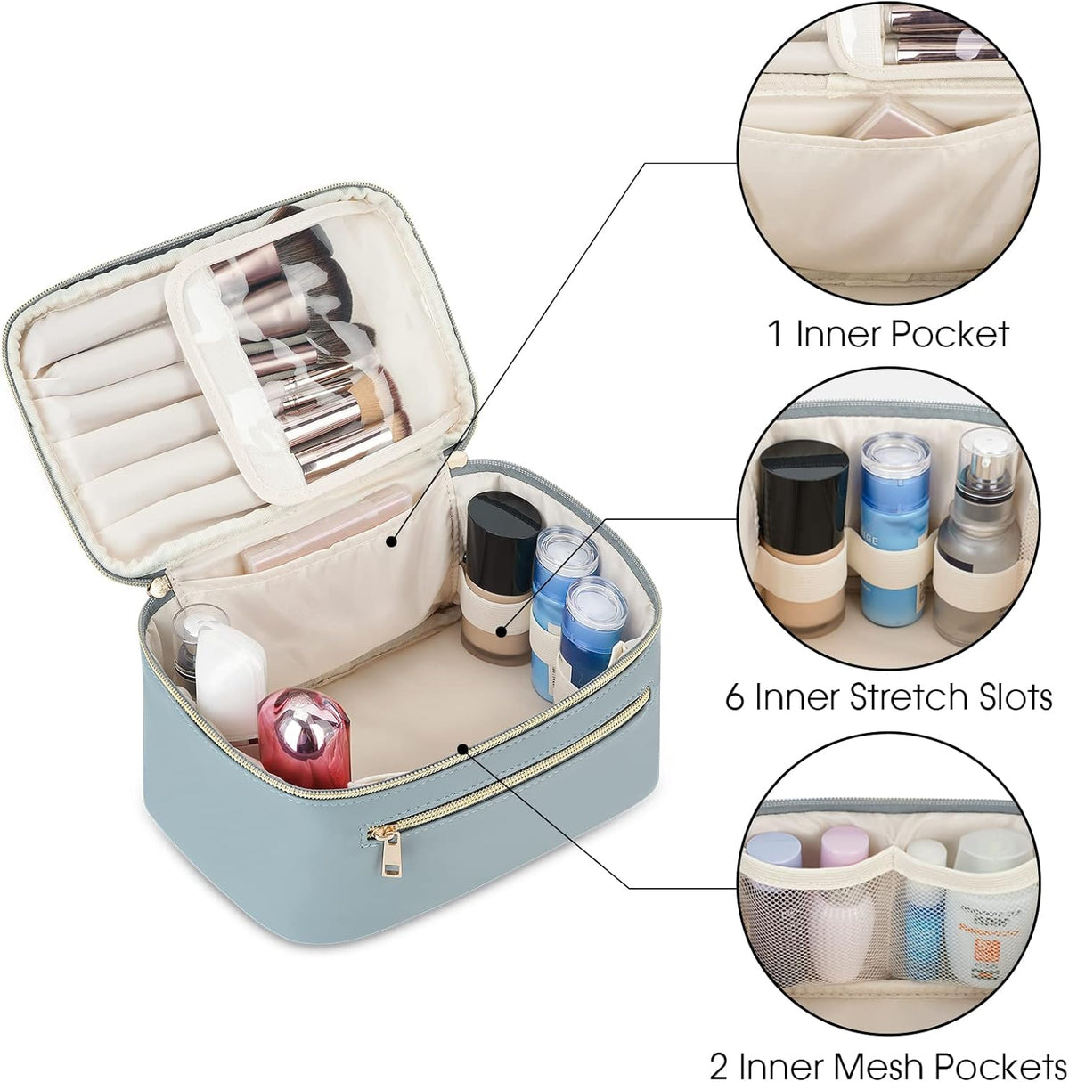 Makeup Bag, Women Travel Make Up Vanity Case with Handle | Portable Make Up Essentials Organizer, Brush Bags for Skincare Cosmetic Lipstick, Eco Vegan Leather, Green