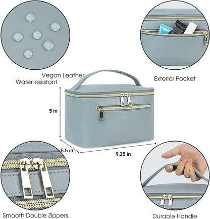 Makeup Bag, Women Travel Make Up Vanity Case with Handle | Portable Make Up Essentials Organizer, Brush Bags for Skincare Cosmetic Lipstick, Eco Vegan Leather, Green
