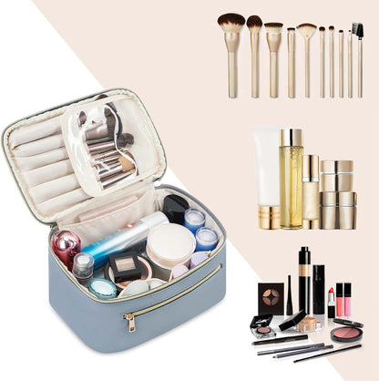 Makeup Bag, Women Travel Make Up Vanity Case with Handle | Portable Make Up Essentials Organizer, Brush Bags for Skincare Cosmetic Lipstick, Eco Vegan Leather, Green