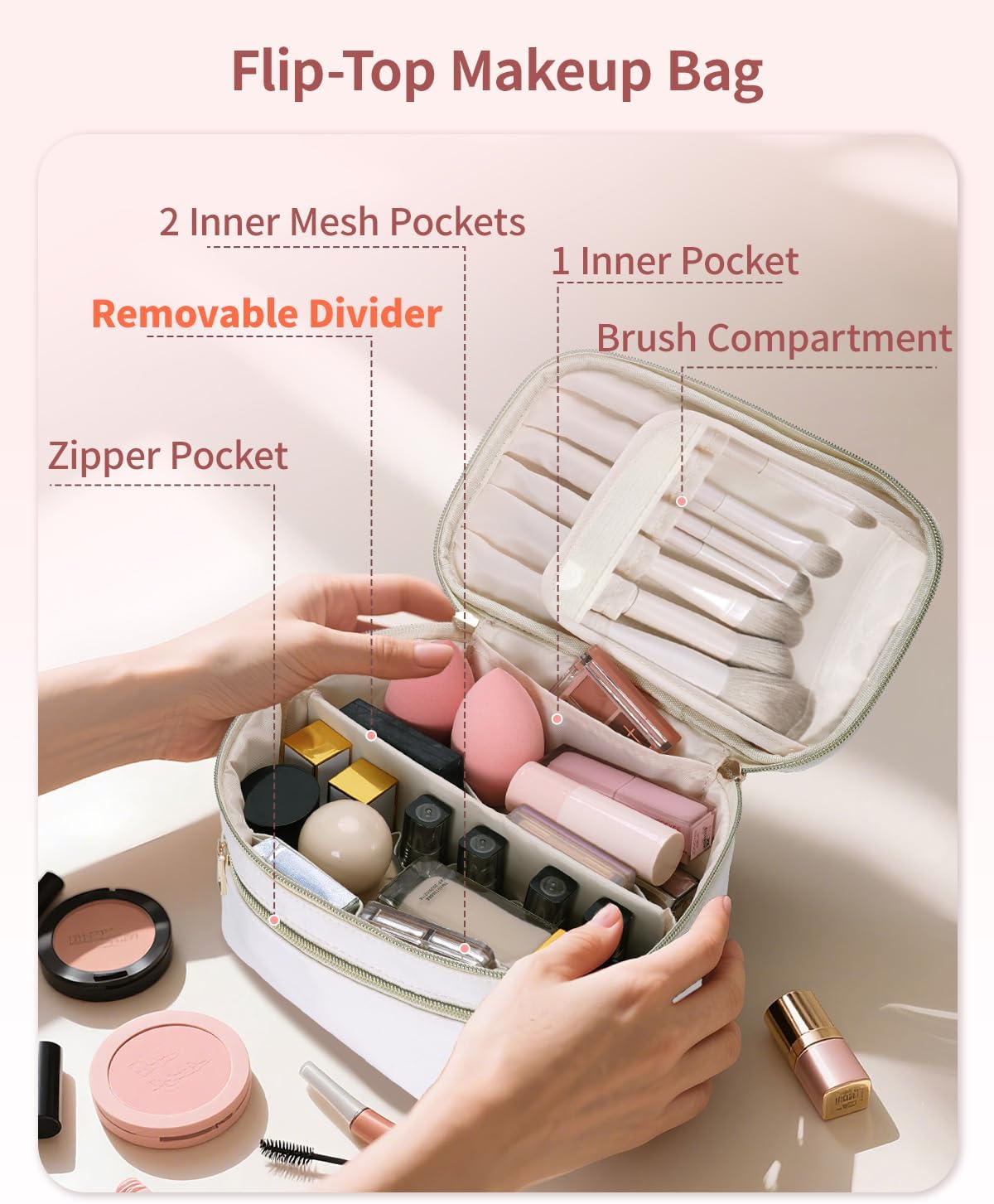 Makeup Bag, Women Travel Make Up Vanity Case with Handle | Portable Make Up Essentials Organizer, Brush Bags for Skincare Cosmetic Lipstick, Eco Vegan Leather, Green