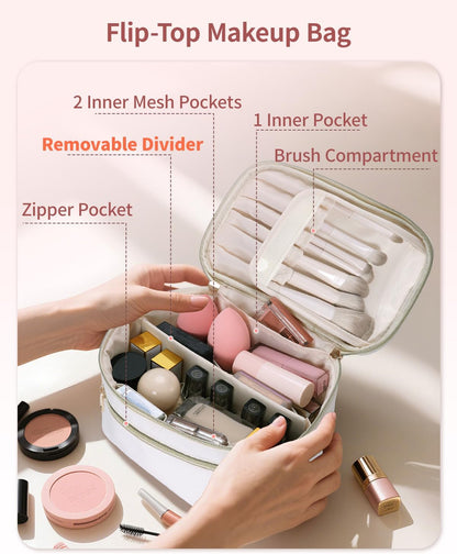 Makeup Bag, Women Travel Make Up Vanity Case with Handle | Portable Make Up Essentials Organizer, Brush Bags for Skincare Cosmetic Lipstick, Eco Vegan Leather, Green