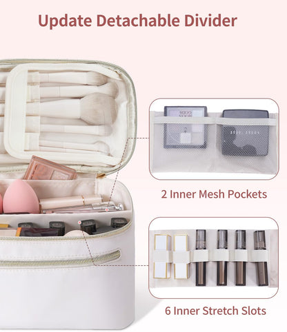 Makeup Bag, Women Travel Make Up Vanity Case with Handle | Portable Make Up Essentials Organizer, Brush Bags for Skincare Cosmetic Lipstick, Eco Vegan Leather, Green