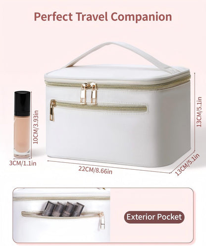 Makeup Bag, Women Travel Make Up Vanity Case with Handle | Portable Make Up Essentials Organizer, Brush Bags for Skincare Cosmetic Lipstick, Eco Vegan Leather, Green