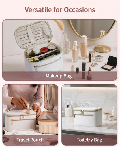 Makeup Bag, Women Travel Make Up Vanity Case with Handle | Portable Make Up Essentials Organizer, Brush Bags for Skincare Cosmetic Lipstick, Eco Vegan Leather, Green