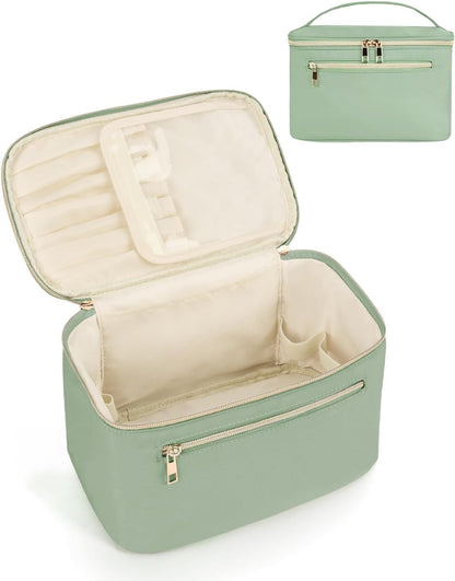 Makeup Bag, Women Travel Make Up Vanity Case with Handle | Portable Make Up Essentials Organizer, Brush Bags for Skincare Cosmetic Lipstick, Eco Vegan Leather, Green