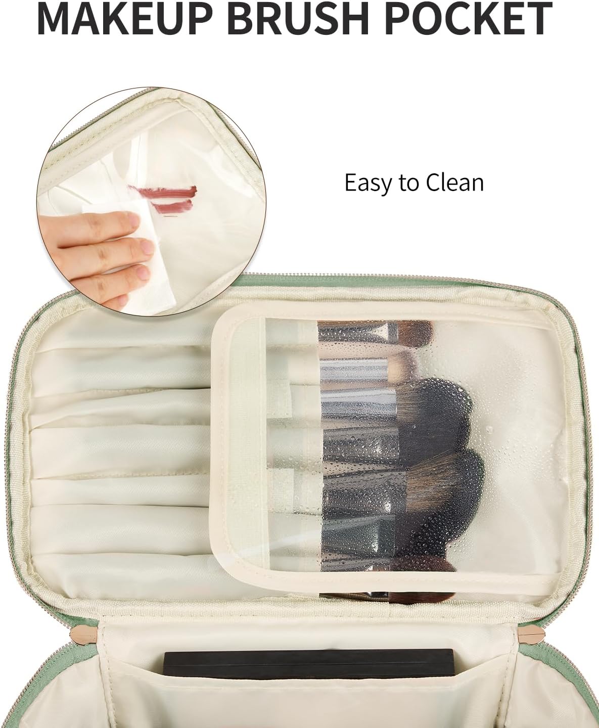 Makeup Bag, Women Travel Make Up Vanity Case with Handle | Portable Make Up Essentials Organizer, Brush Bags for Skincare Cosmetic Lipstick, Eco Vegan Leather, Green
