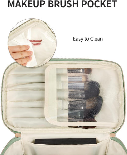 Makeup Bag, Women Travel Make Up Vanity Case with Handle | Portable Make Up Essentials Organizer, Brush Bags for Skincare Cosmetic Lipstick, Eco Vegan Leather, Green