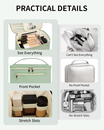 Makeup Bag, Women Travel Make Up Vanity Case with Handle | Portable Make Up Essentials Organizer, Brush Bags for Skincare Cosmetic Lipstick, Eco Vegan Leather, Green